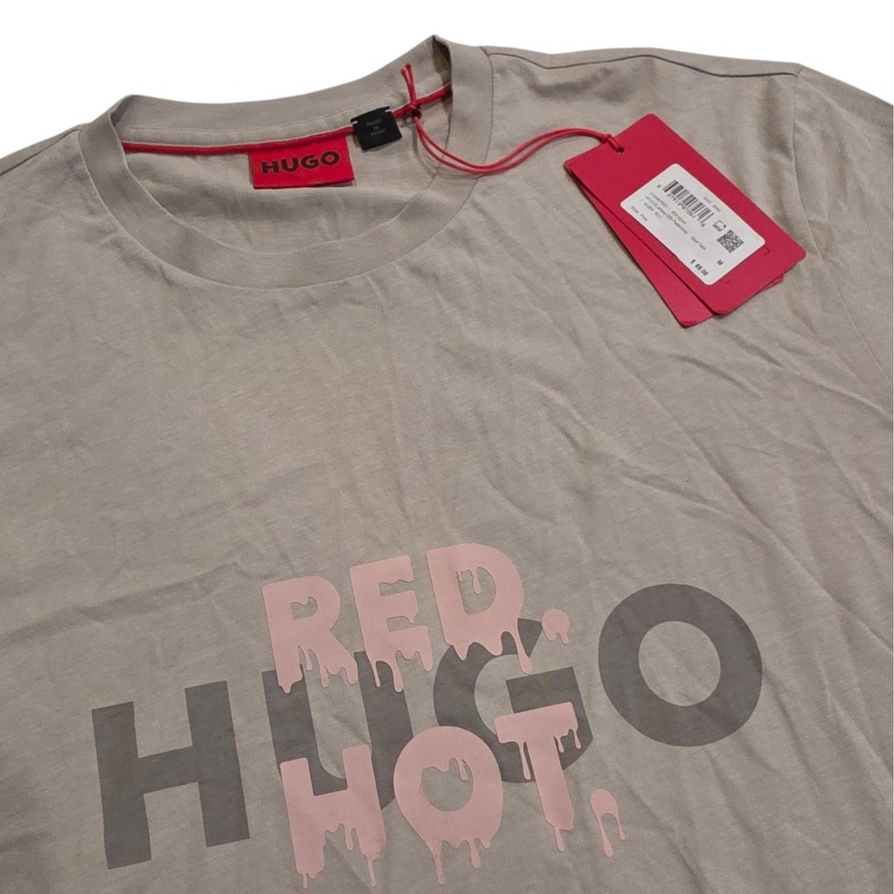 HUGO Boss Mens T-Shirt Pastel Grey Red Hot‎ Drip Graphic Logo Tee Size M